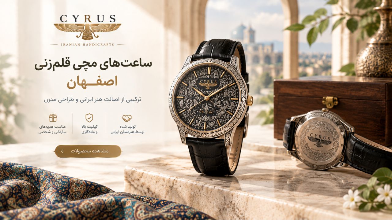 ساعت مچی قلم‌زنی اصفهان؛ تلفیقی از هنر اصیل ایرانی و طراحی مدرن، مناسب برای هدیه‌ای خاص و ماندگار به مدیران، کارکنان، مشتریان و عزیزان. ساعت‌های قلم‌زنی سایروس با طرح‌های هنری چشم‌نواز، بند چرمی یا استیل و امکان حک نام، متن و لوگوی اختصاصی، انتخابی متفاوت برای هدیه‌های نفیس و سازمانی هستند.