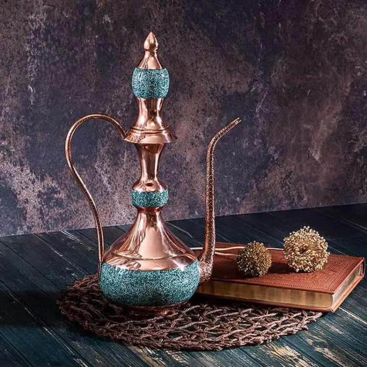 گلاب پاش بزرگ ۳۵ سانتی متری فیروزه کوبی نیشابور با بدنه مسی