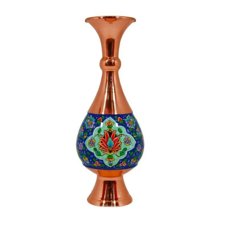 گلدان مس و پرداز ۲۰ سانتی اعلا با نقاشی تزئینی ایرانی