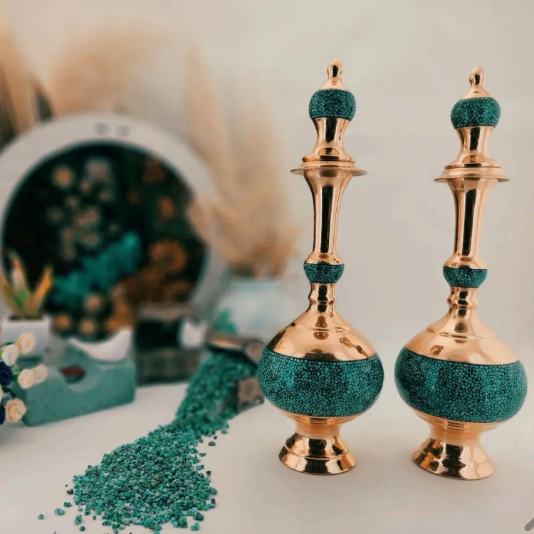 یک جفت تنگ گیلاسی فیروزه کوبی نیشابور مسی ۳۶ سانتی متری