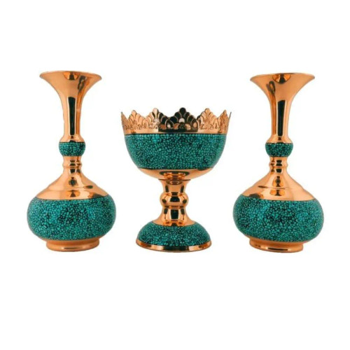 ست سه تکه سرویس گلدان شلغمی فیروزه کوبی و آجیل خوری مس و فیروزه کوبی نیشابور قلم زنی شده و لب شبکه ای 16 سانتی سایروس