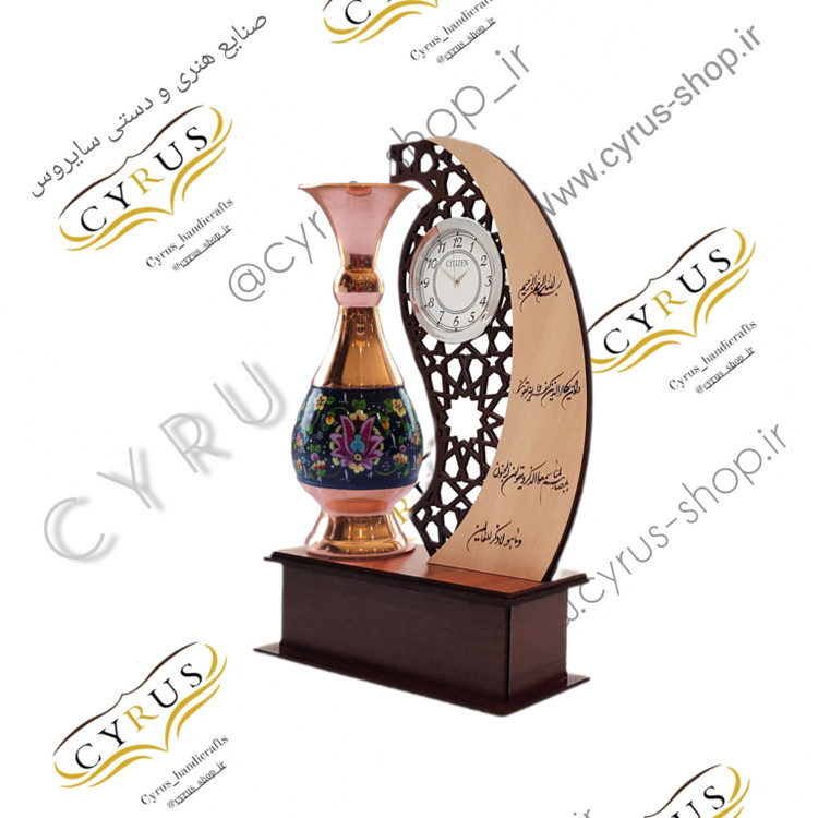 تندیس مناسبتی گلدان مس و پرداز و تندیس رومیزی ساعت دار صنایع دستی سایروس