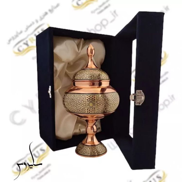 شکلات خوری مس و خاتم کاری اعلا و جعبه کادویی ارتفاع 25