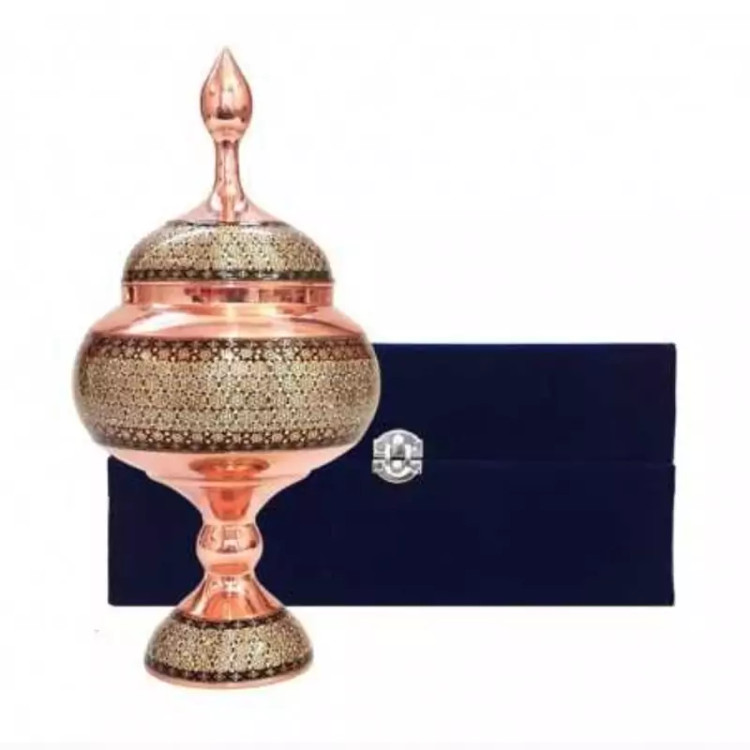 شکلات خوری مس و خاتم کاری اعلا و جعبه کادویی ارتفاع 25
