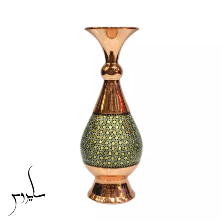 گلدان خاتم کاری ۲۵ سانتی متری مس و خاتم صنایع دستی ایرانی