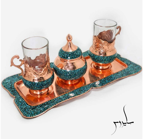 سرویس چایی خوری فیروزه کوبی 2 نفره سرویس گالش و قندان فیروزه کوبی