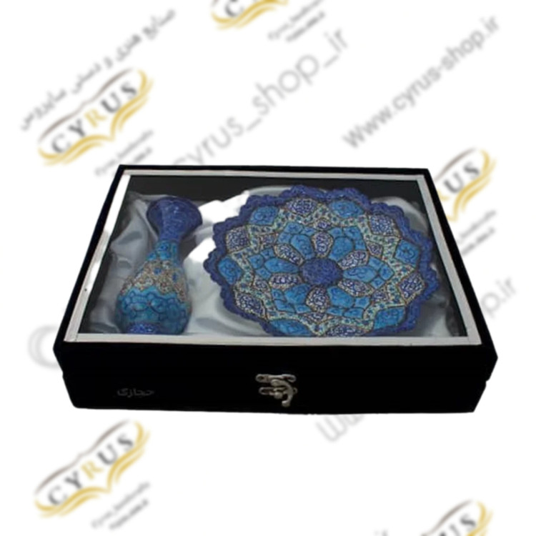 نیم ست گلدان و بشقاب مینا کاری و جعبه نفیس هدیه