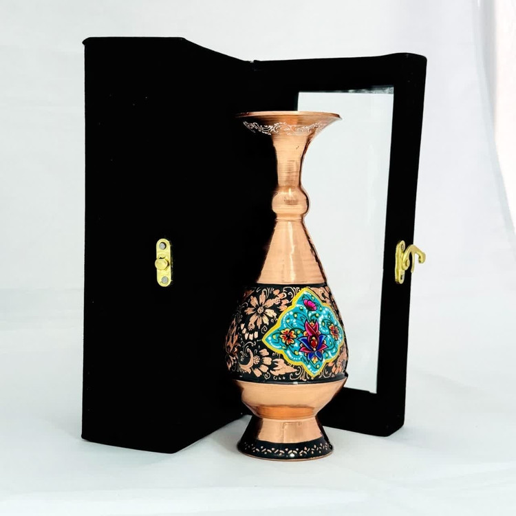 گلدان تلفیق مس و الماس تراش و مس و پرداز 20 سانتی و جعبه