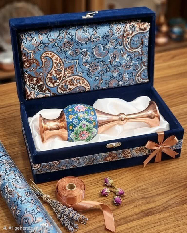 گلدان مس و پرداز و ترمه به همراه جعبه مخمل هدیه اداری اقتصادی