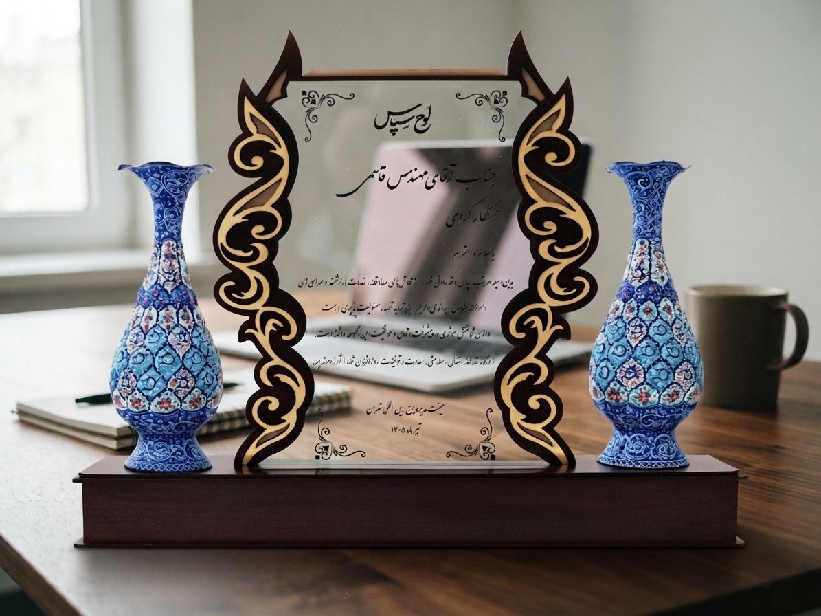 لوح تقدیر سازمانی و لوح سپاس مینا کاری صنایع دستی سایروس تندیس گلدان مینا کاری