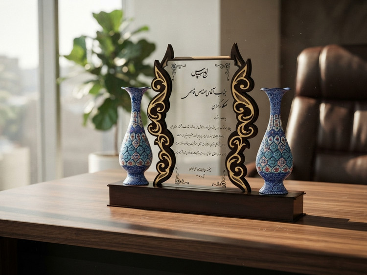 لوح تقدیر سازمانی و لوح سپاس مینا کاری صنایع دستی سایروس تندیس گلدان مینا کاری