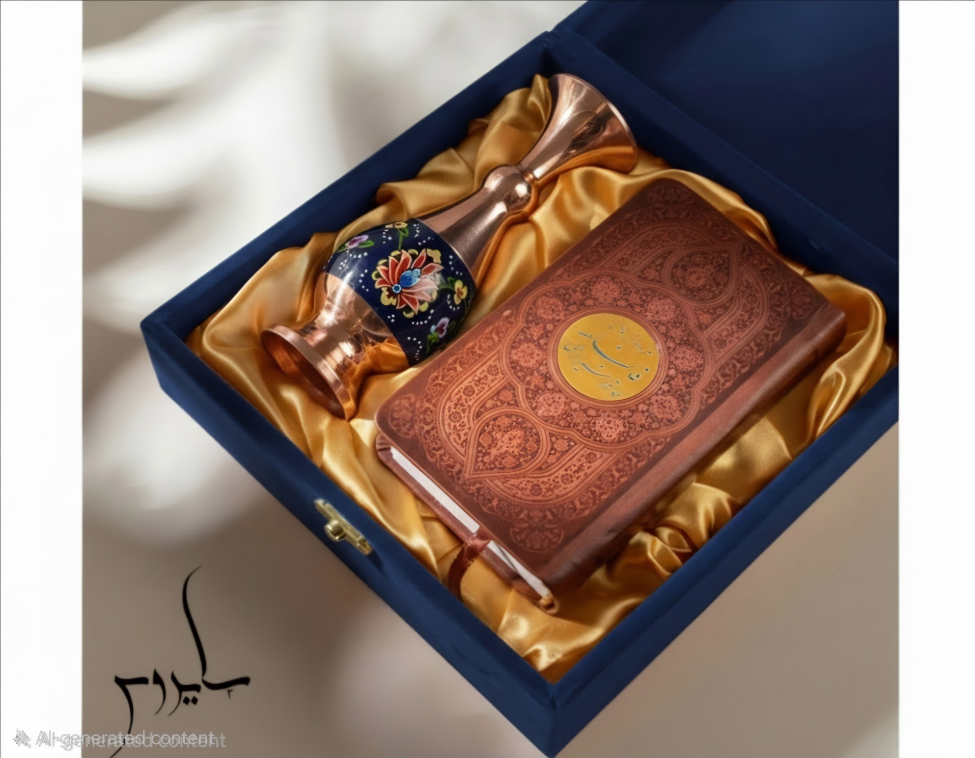 پک هدیه شب یلدا سازمانی پک فالنامه حافظ و گلدان مس و پرداز و جعبه باکس کادویی صنایع دستی سایروس