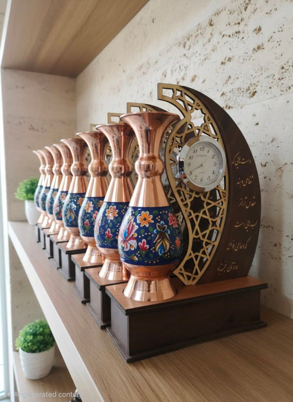 تندیس مناسبتی گلدان مس و پرداز و تندیس رومیزی ساعت دار صنایع دستی سایروس