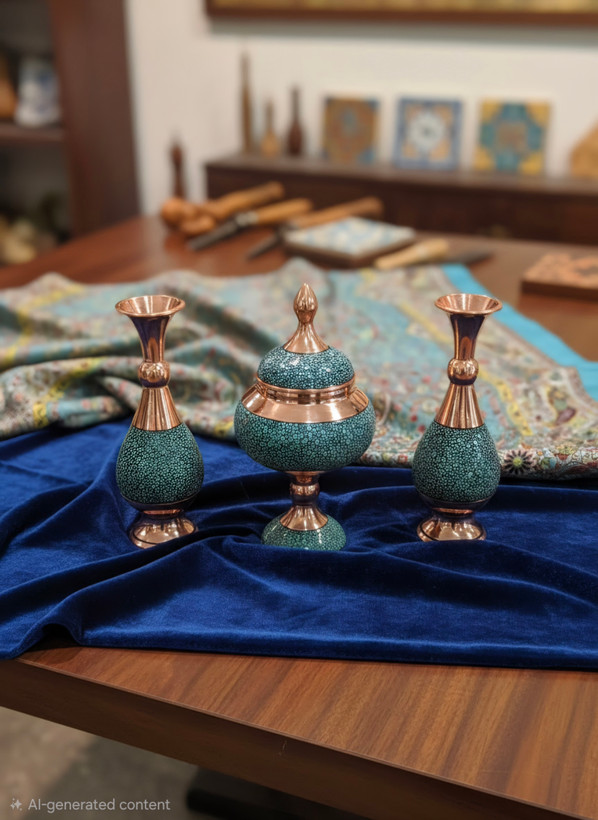 باکس نفیس سازمانی فیروزه کوبی 5 تکه گلدان و شکلات خوری و ترمه و جعبه