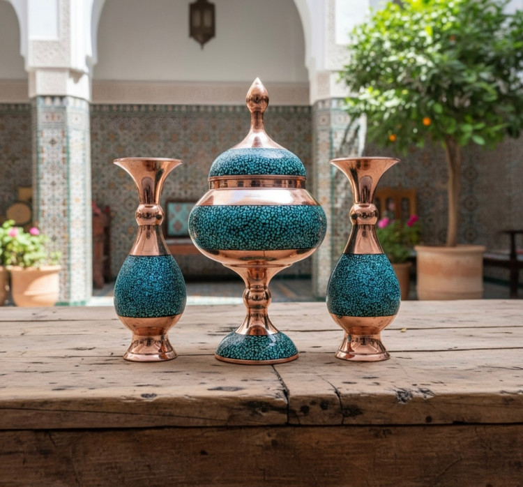 عکس گلدان و شکلات خوری فیروزه کوبی نیشابور مرغوب