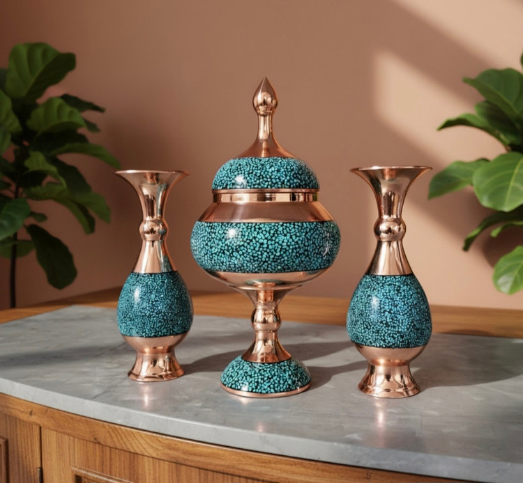 پک هدیه گلدان و شکلات خوری فیروزه کوبی نیشابور مرغوب