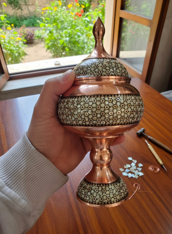 شکلات خوری مس و خاتم کاری اعلا و جعبه کادویی ارتفاع 25