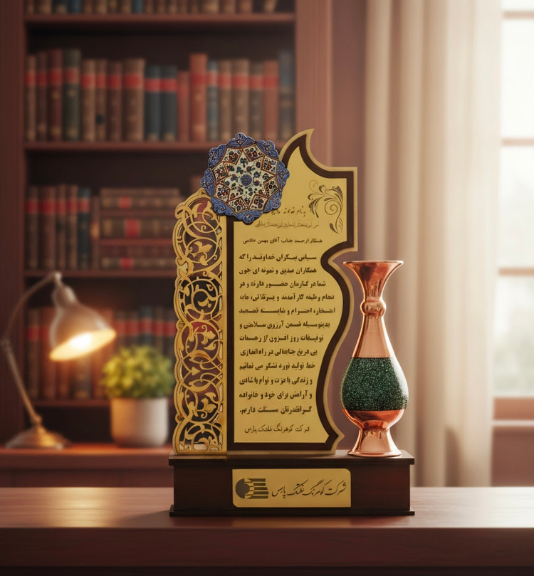 لوح تقدیر صنایع دستی با گلدان ۱۶ سانتی مس و فیروزهکوبی، بشقاب میناکاری و پایه چوبی، تندیس یادبود سازمانی