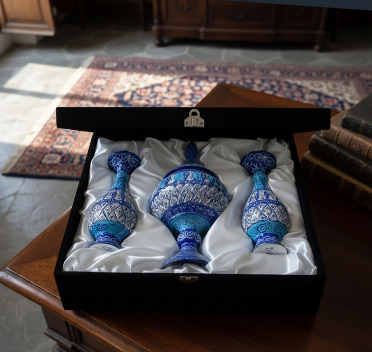 ست هدیه مینا کاری گلدان و شکلات خوری مینا