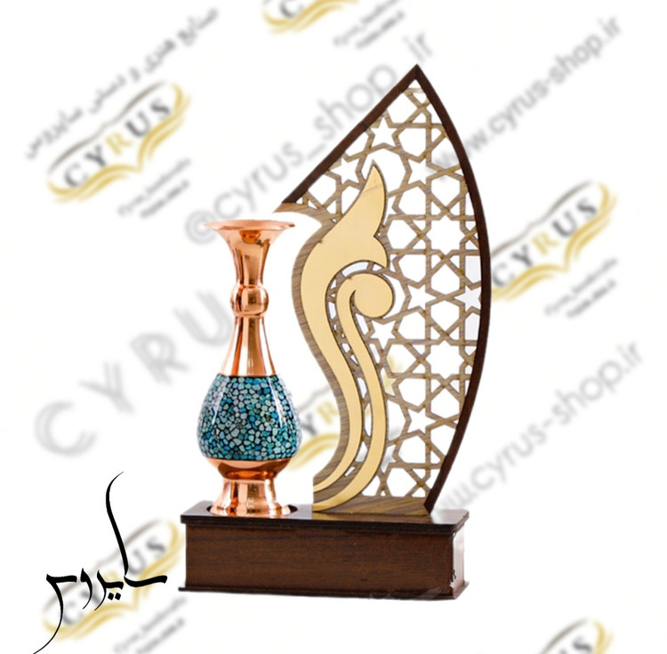 تندیس لوکس فیروزهکوبی با گلدان ۱۶ سانتی و قاب مشبک دکوراتیو روی پایه چوبی