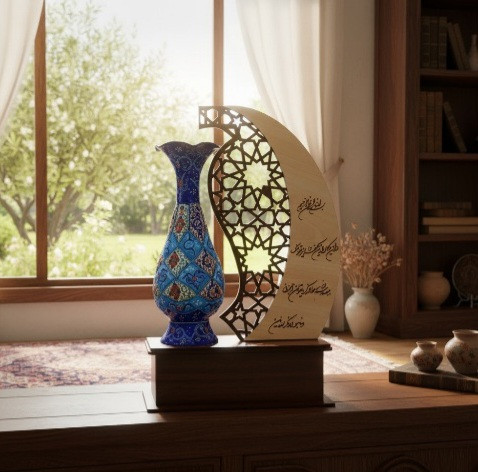 تندیس گلدان میناکاری آبی با قاب هندسی چوبی و پایه دکوراتیو در فضای داخلی منزل
