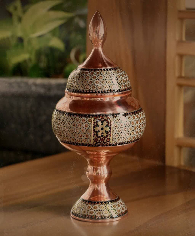 شکلاتخوری مس و خاتمکاری ۲۵ سانتی پایهدار صنایع دستی ایرانی