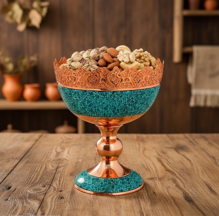 ظرف پذیرایی فیروزه کوبی قلم زنی دستی با لبه های شبکه ای