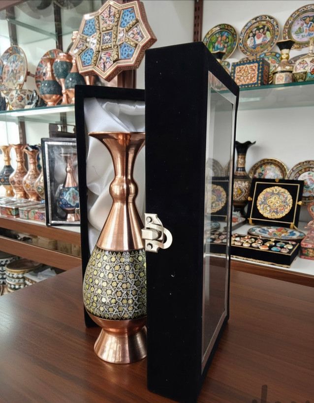 گلدان صنایع دستی ایرانی مس و خاتمکاری در جعبه هدیه