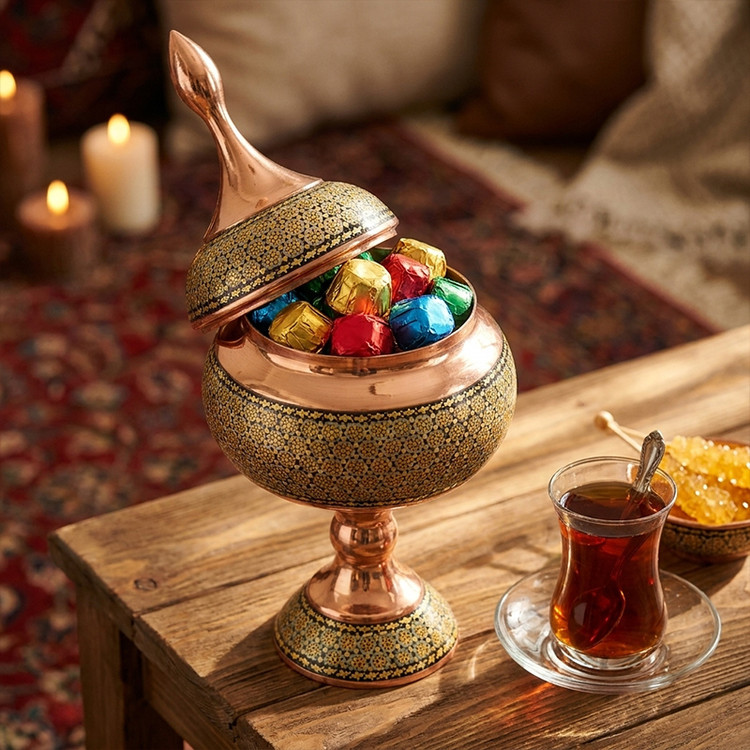 ست خاتم کاری شکلات خوری و یک جفت گلدان خاتم اعلای سکه ای