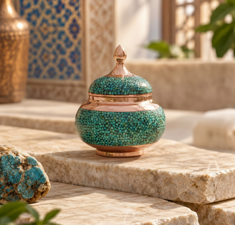 نمای نزدیک قندان فیروزه کوبی نیشابور با طراحی سنتی و رنگ فیروزهای