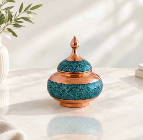 نمای دکوراتیو قندان فیروزه کوبی ۲۵ سانتی مناسب پذیرایی و شکلات
