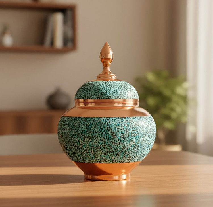 قندان سیبی فیروزه کوبی ۲۵ سانتی با سنگ فیروزه نیشابور و بدنه مسی
