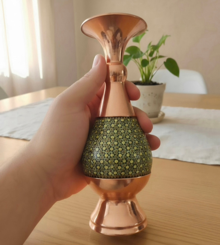 پک هدیه گلدان مس و خاتم با ترمه یک متر مربعی و بستهبندی جیر