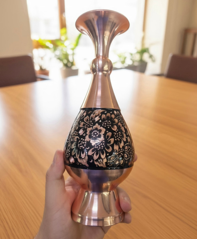 گلدان مس و الماس تراش ۲۵ سانتیمتر صنایع دستی ایرانی