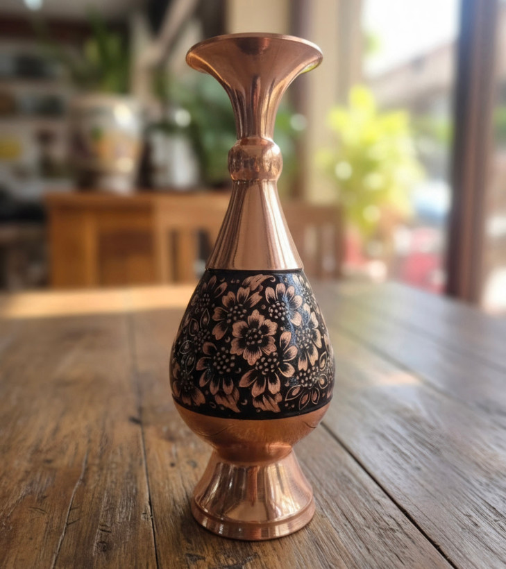 گلدان مسی دکوری ۲۵ سانتیمتر با تزئینات الماس تراش