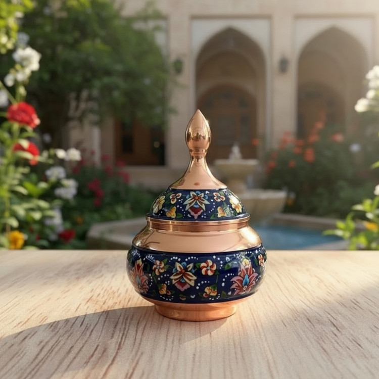 قندان مس و پرداز ۱۵ سانتیمتر صنایع دستی ایرانی