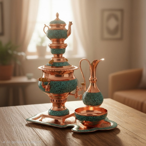 سماور فیروزه کوبی ۳ لیتری با سنگ فیروزه نیشابور