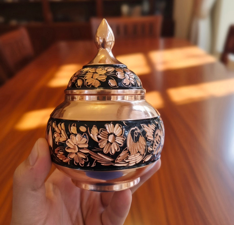 قندان مس و الماس تراش ۱۵ سانتی متر صنایع دستی