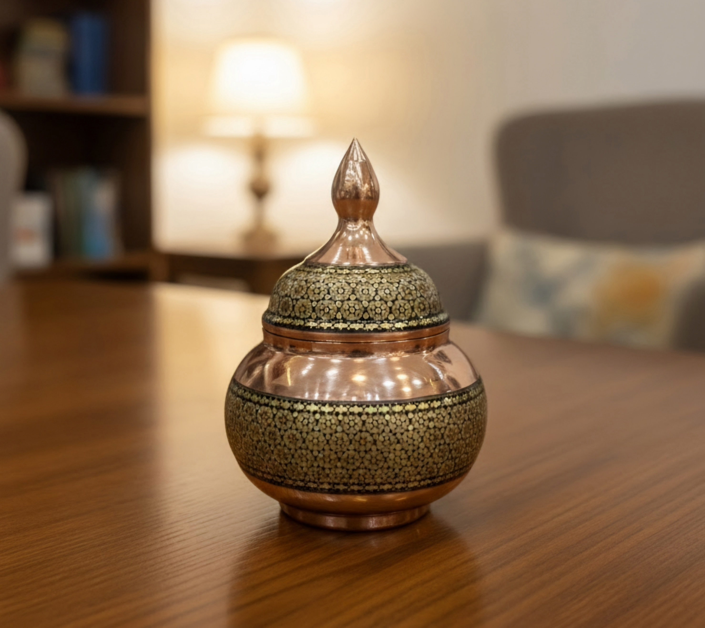 قندان مس و خاتم ۱۵ سانتی متر صنایع دستی ایرانی