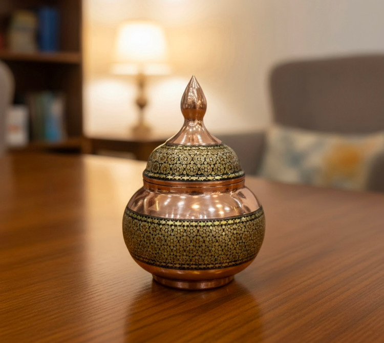 قندان مس و خاتم ۱۵ سانتی متر صنایع دستی ایرانی