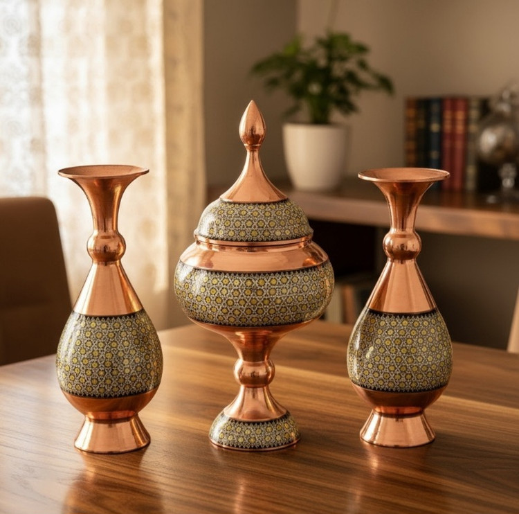 هدیه مدیریتی لوکس خاتم کاری با گلدان و شکلات خوری