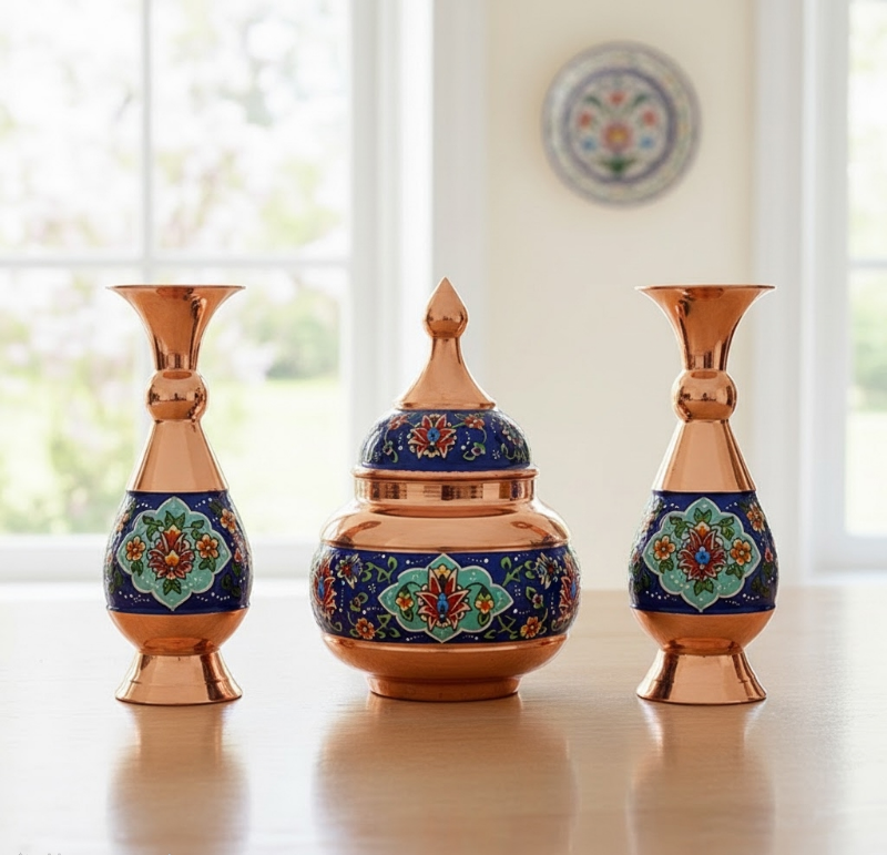 ست دکوری گلدان و قندان مس و پرداز مناسب چیدمان منزل