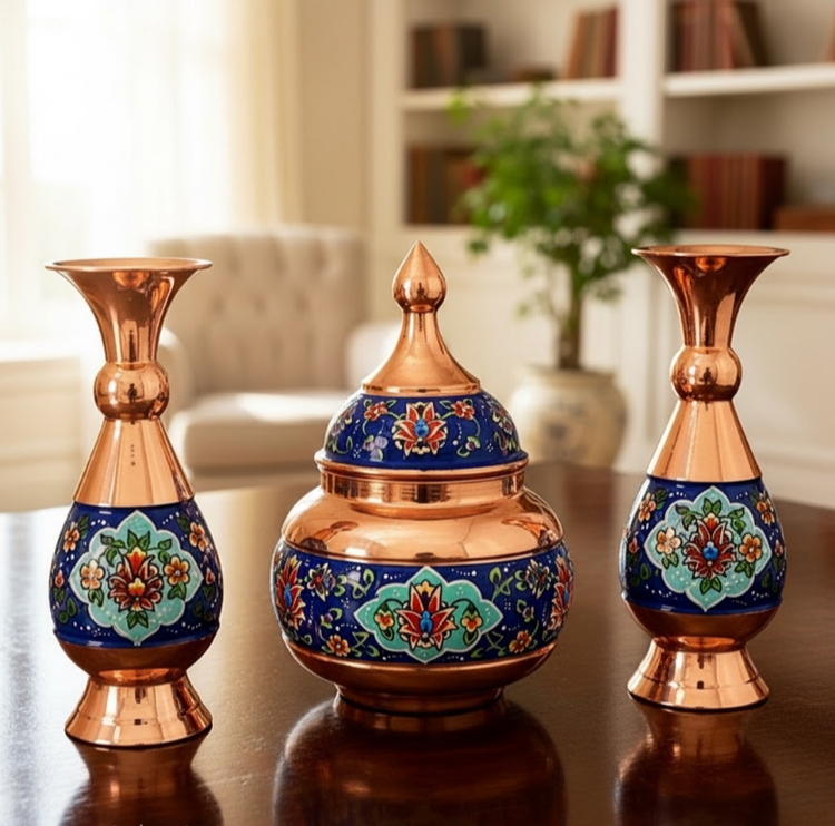 ست گلدان و قندان مس و پرداز ۱۶ سانتی صنایع دستی اصفهان